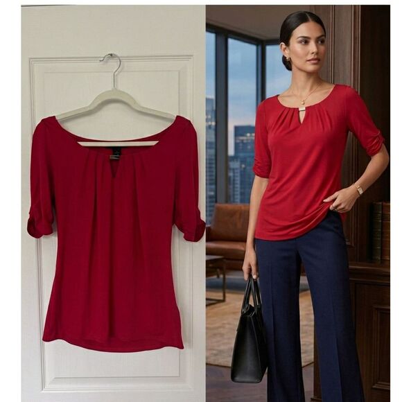 White House Black Market Tops - White House Black Market Classic Red Pleated Keyhole Top Silver Hardware Small